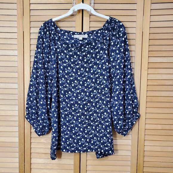LOFT Navy Vine Print Square Neck Blouse Size L - Picture 5 of 7